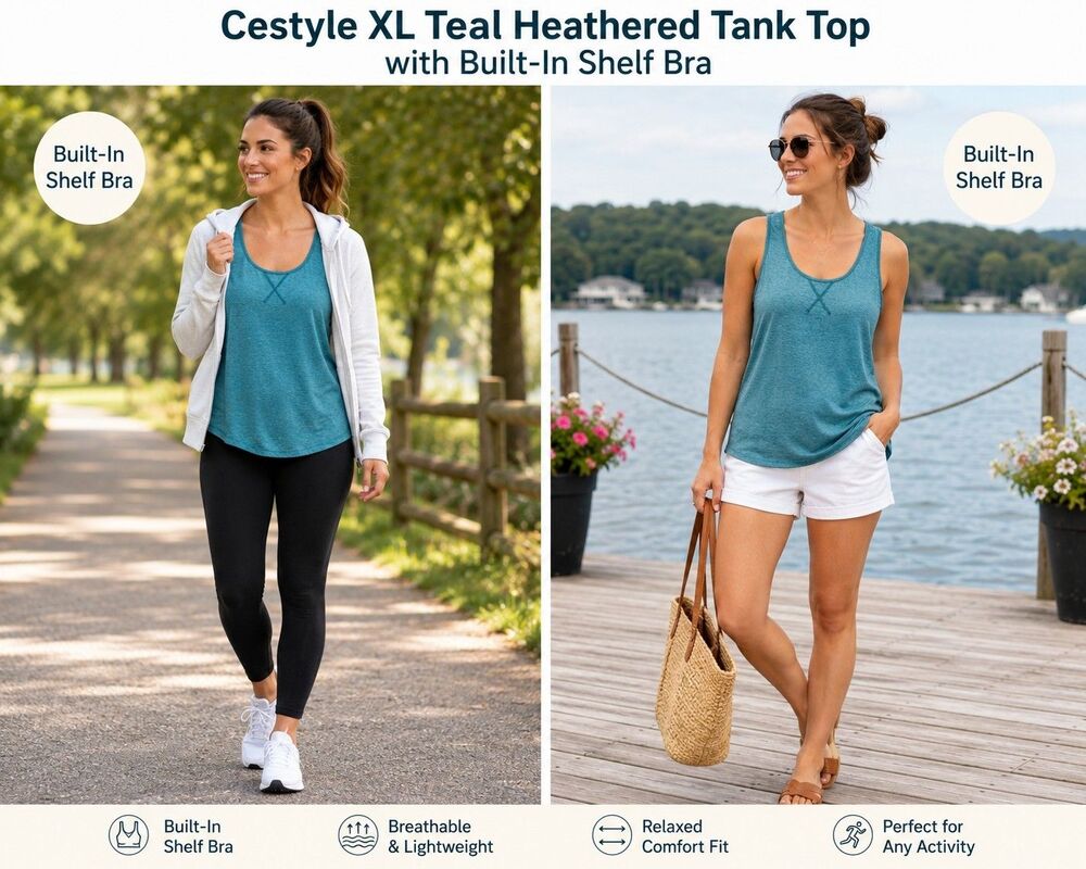 Cestyle Women XL Teal Heathered Tank Top Built In Shelf Bra Athletic Activewear